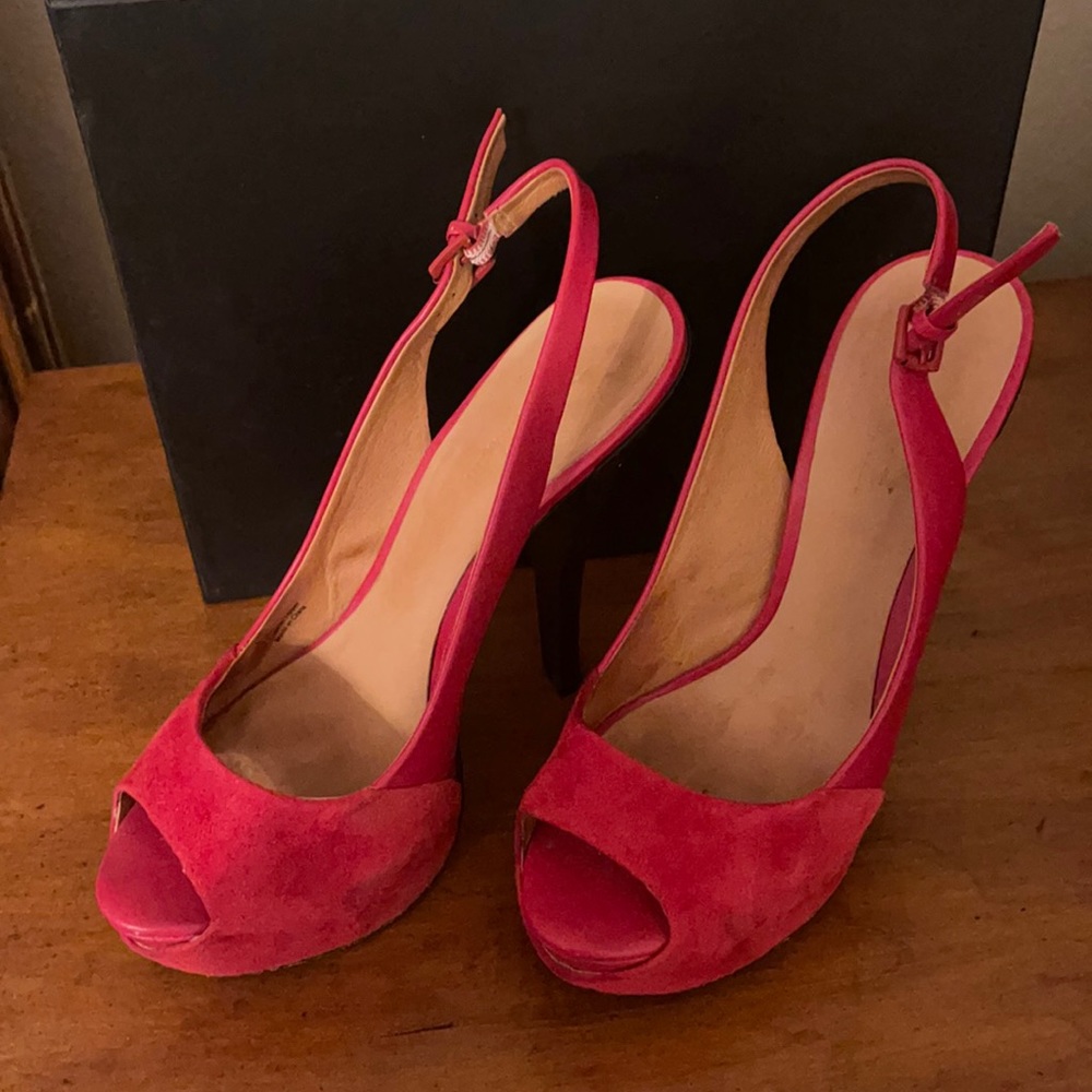 Red leather and suede open toed platform shoes